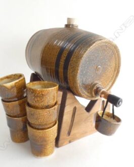 Pottery Barrel Keg with 6 Glasses