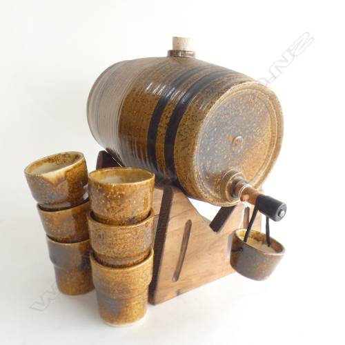 Pottery Barrel Keg with 6 Glasses