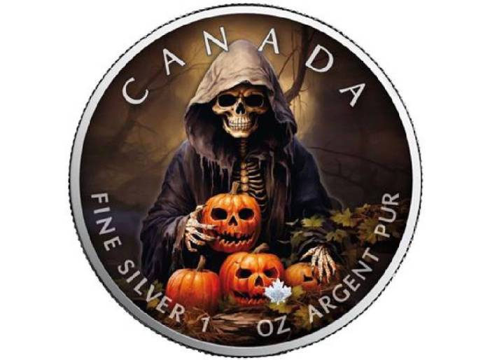 SMILING SKELETON MAPLE LEAF 1 OZ SILVER COLOR COIN
