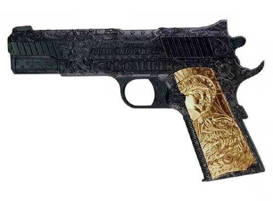 45 CALIBER PISTOL HANDGUN Black and Gold 2 Oz Silver Coin - Image 2