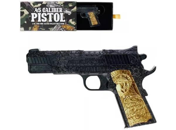 45 CALIBER PISTOL HANDGUN Black and Gold 2 Oz Silver Coin
