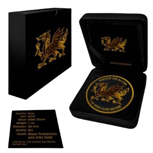 Black Ruthenium 24kt Gold Gilded Silver Welsh Dragon - Image 3